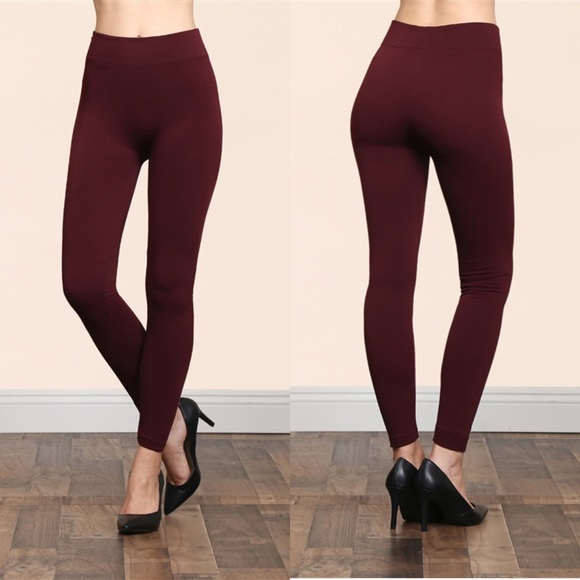 Soft Fleece Lined High Waist Burgundy Yoga Leggings - Picture 3 of 16